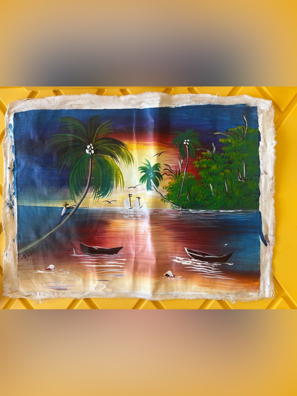 Hand Painted Tropical Palm Sunset Canvas Art from Curaçao